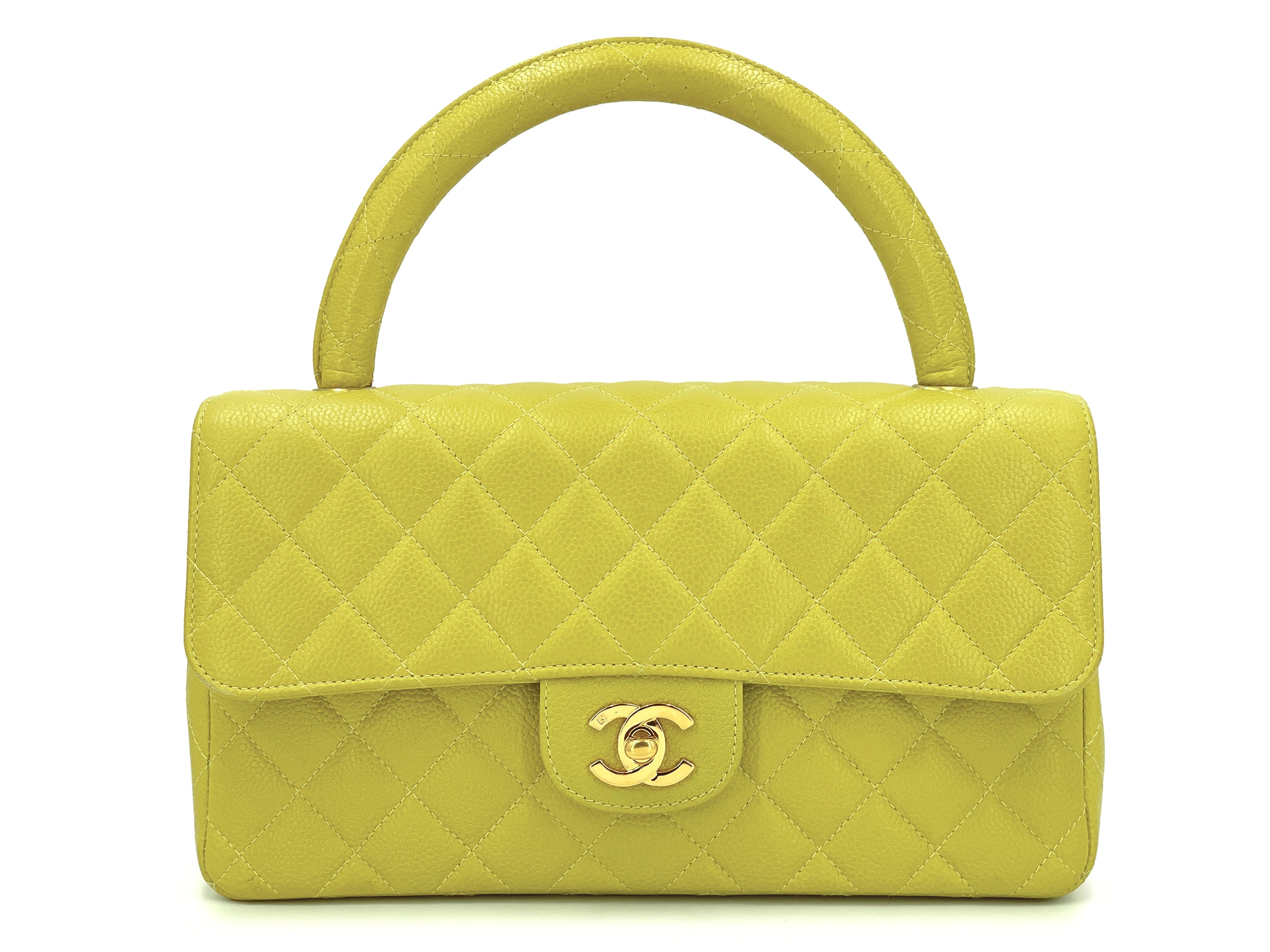 Chanel 1997 Vintage Chartreuse Green Caviar Kelly Medium Flap Parent Bag 24k GHW