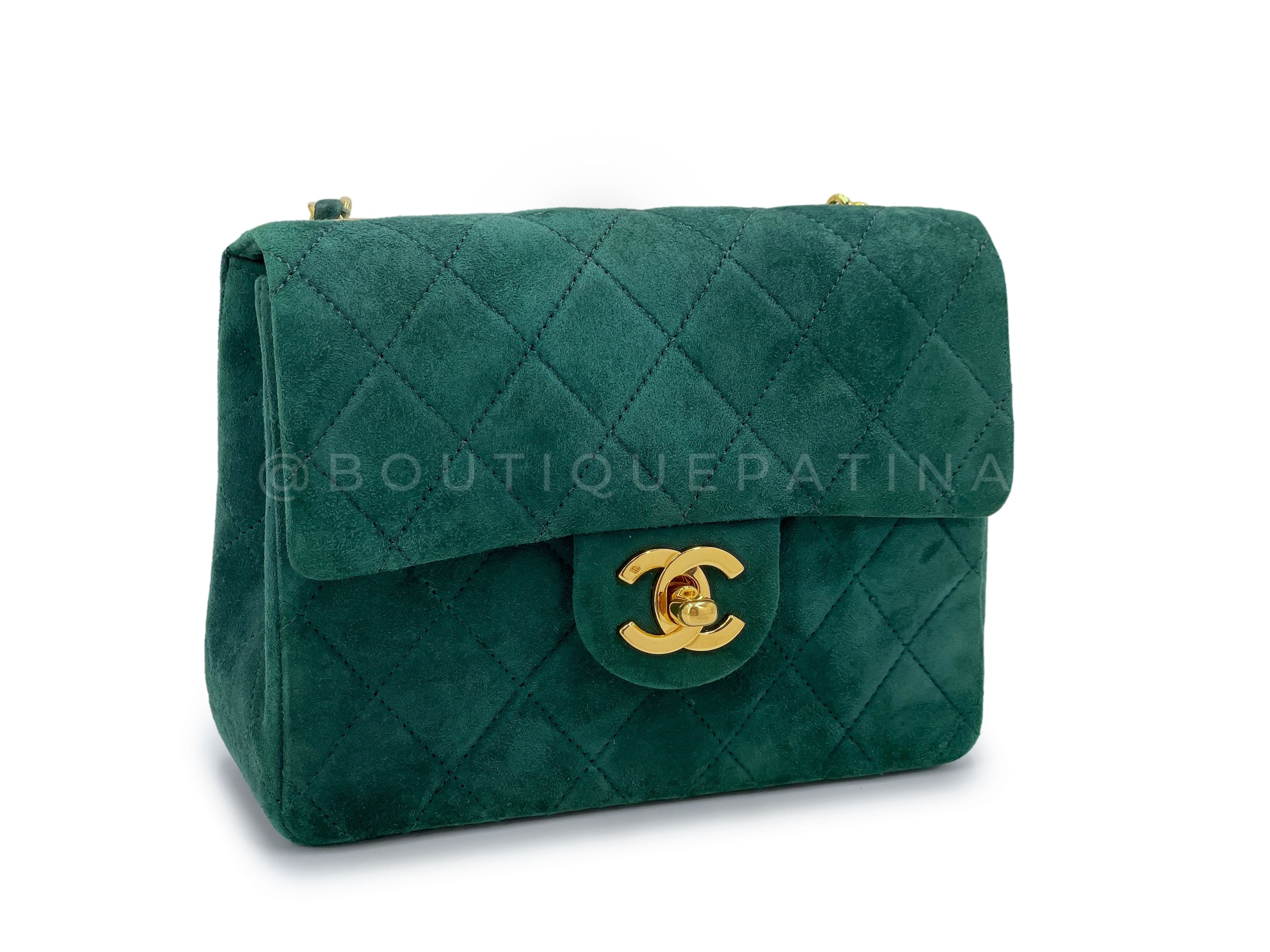 Chanel 1989 Vintage Emerald Green Suede Square Mini Flap Bag 24k GHW
