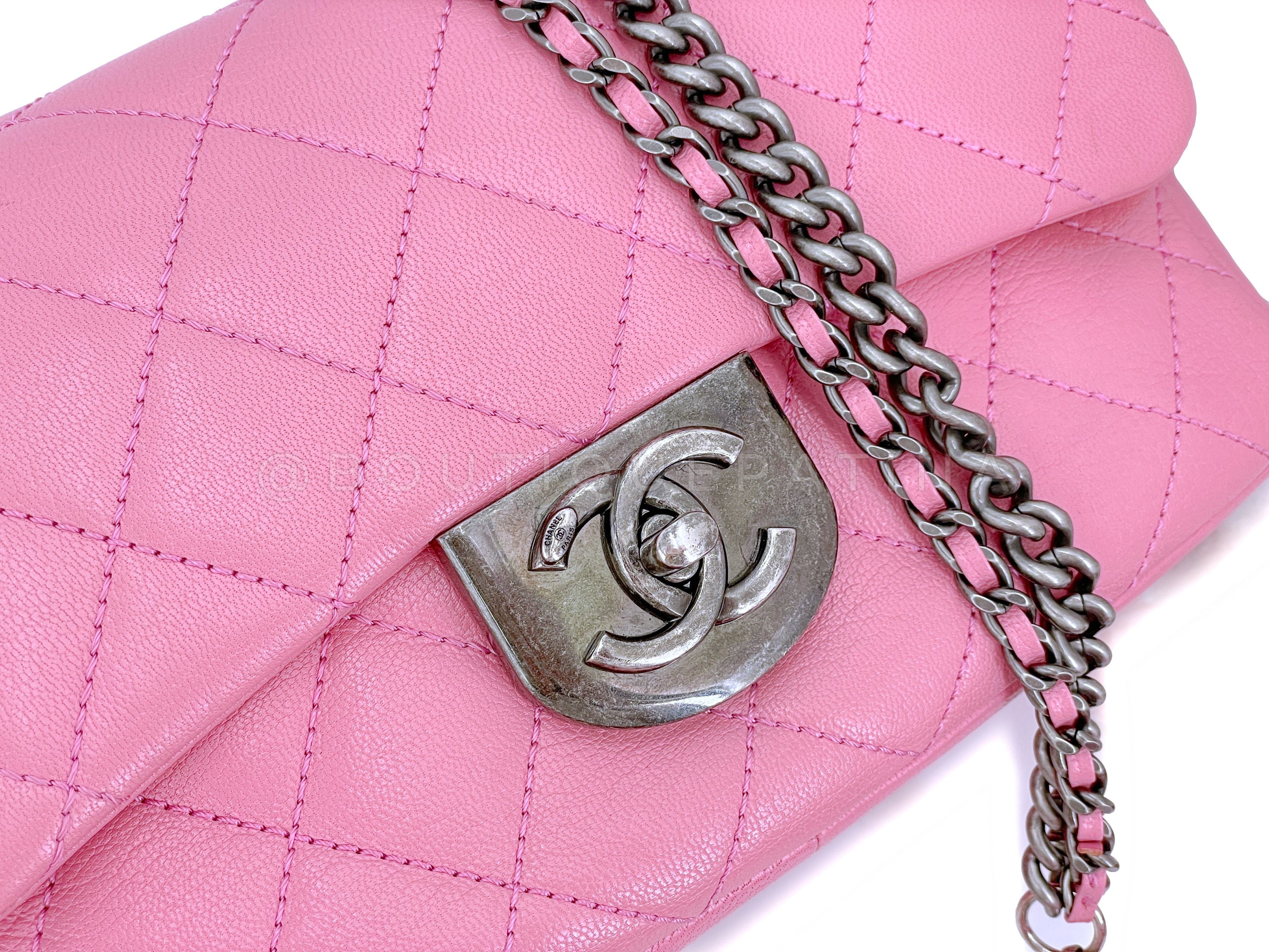 Chanel 2015 Pink Goatskin Double Carry Multichain Quilted Medium Flap Bag RHW