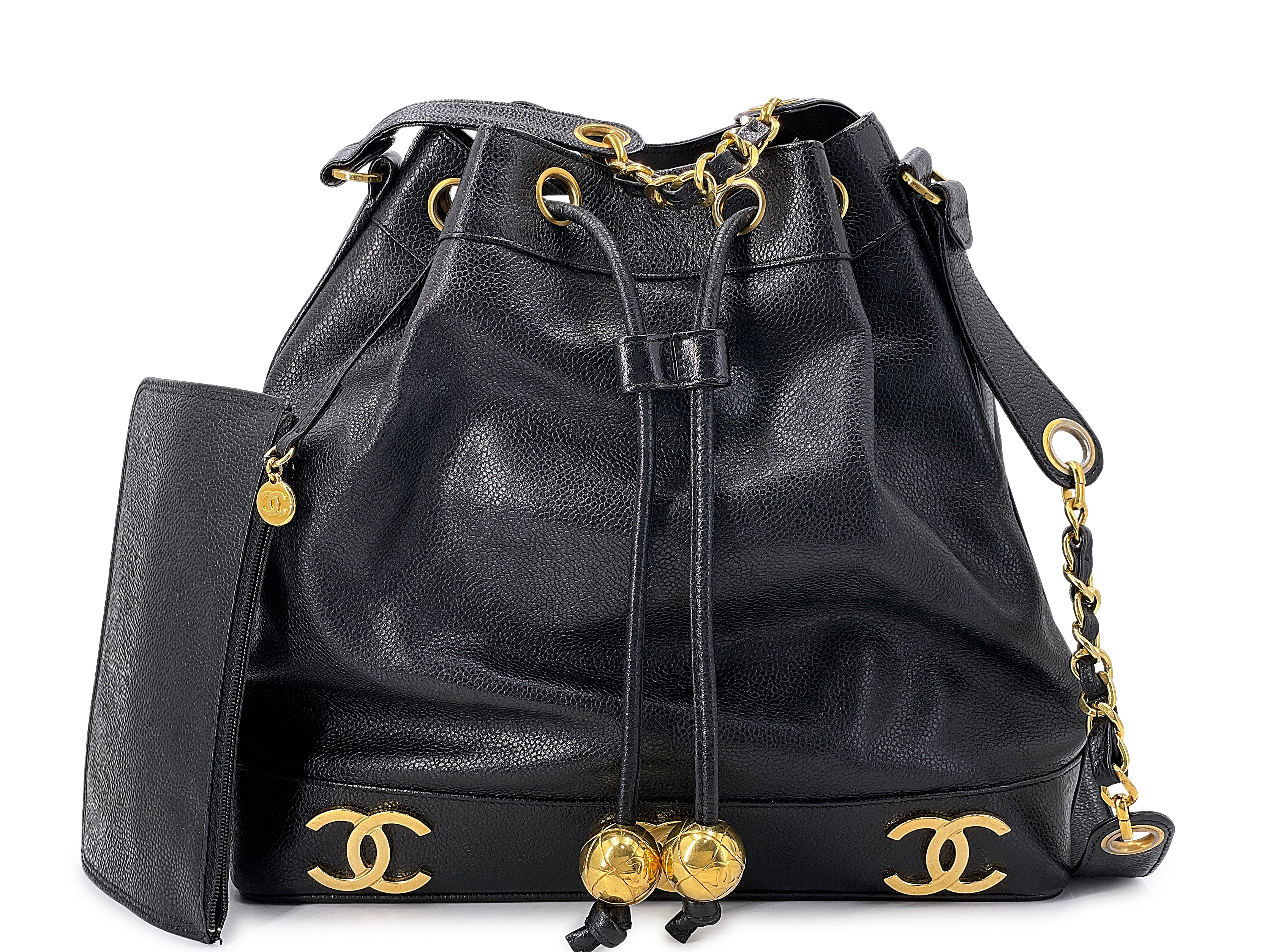 Chanel 1994 Vintage Black Caviar 6-CC Drawstring Bucket Bag 24k GHW