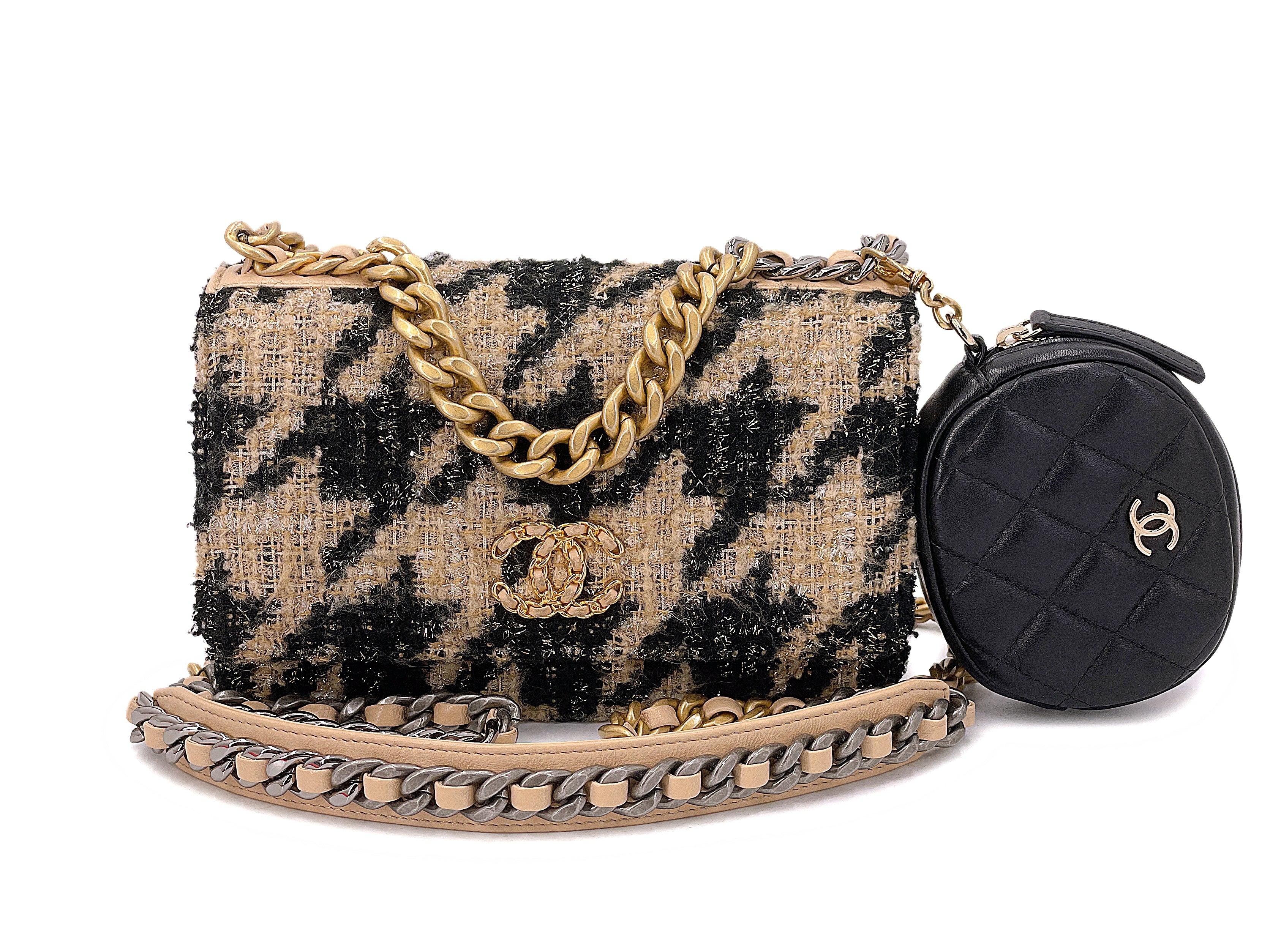 Chanel 19 19K Beige-Black Houndstooth Wallet on Chain WOC Bag Set