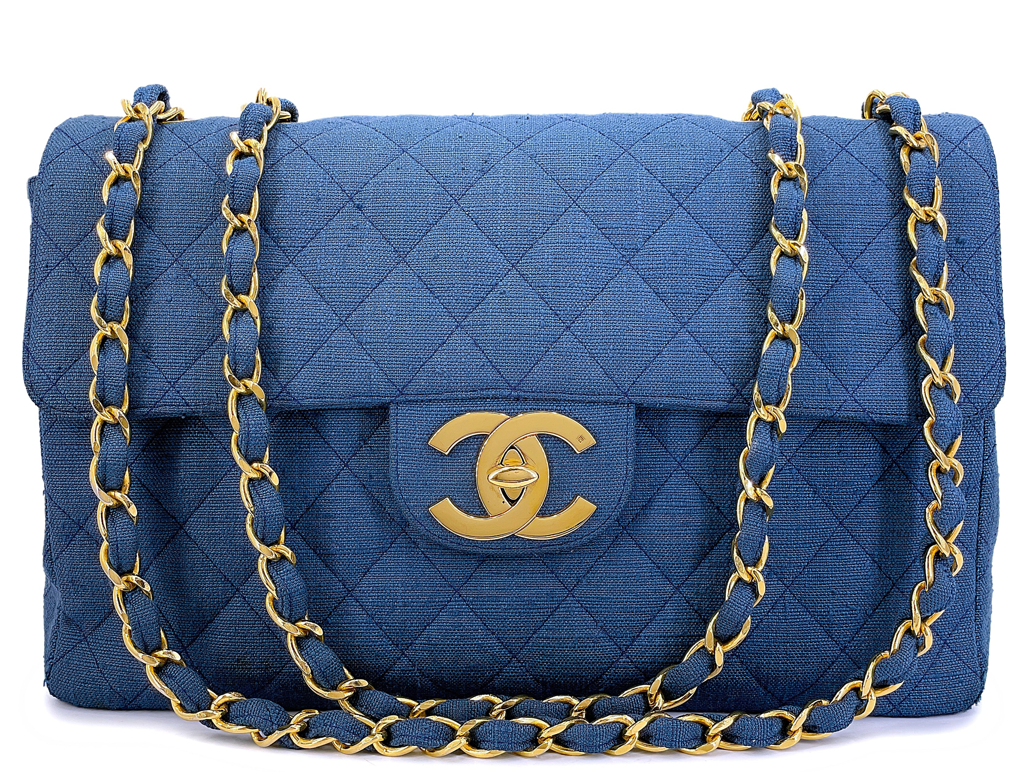 Chanel 1994 Vintage Dark Blue Linen Canvas Classic Maxi Flap Bag 24k GHW