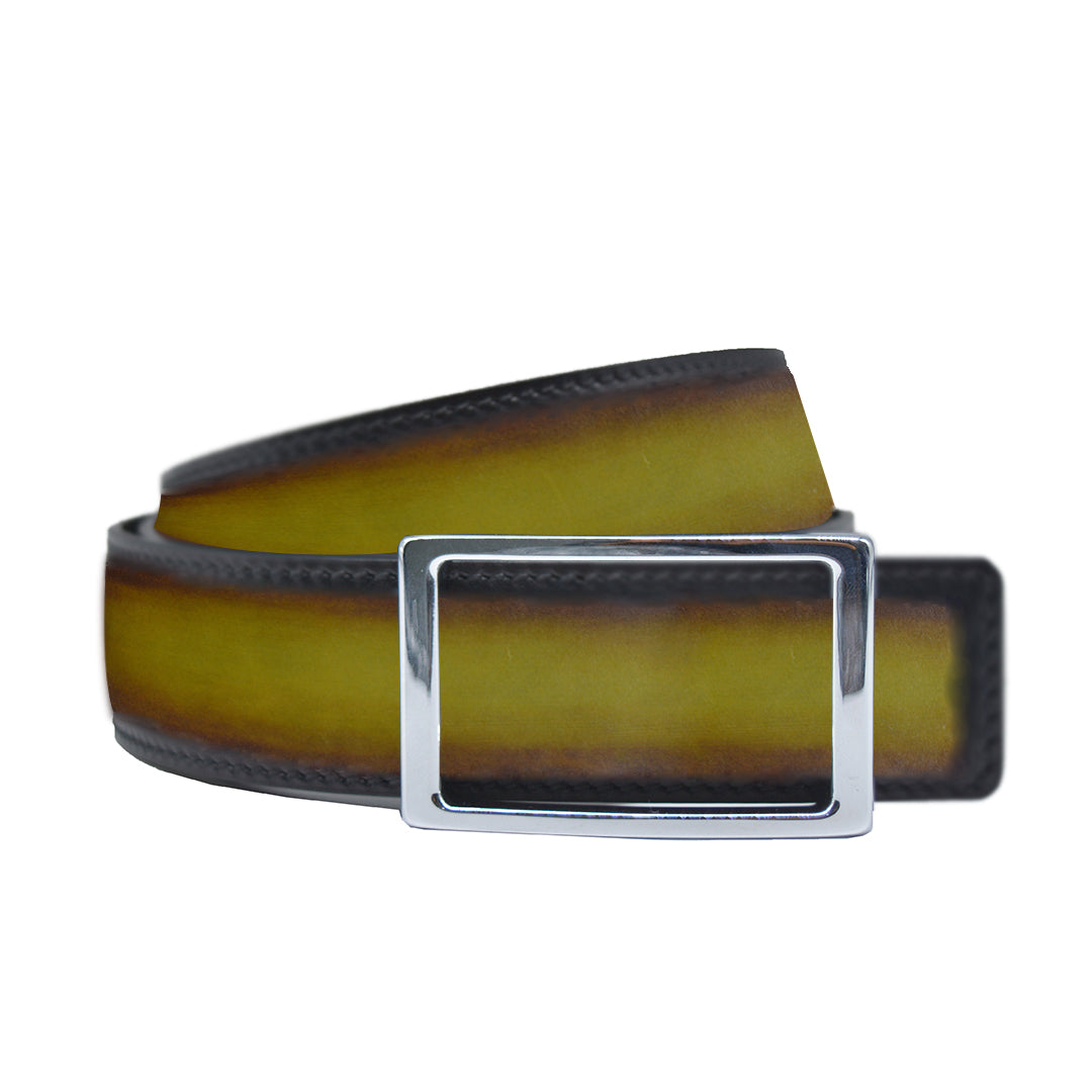 Reversible double calfskin leather  brown and yellow-green belt