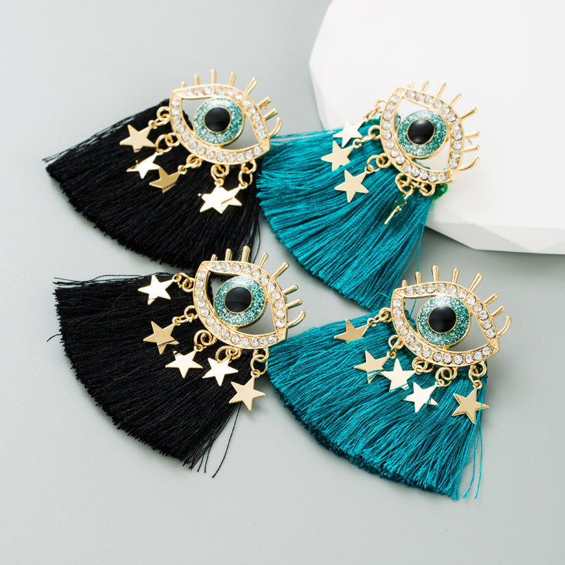 Alloy With Diamonds Devil Eyes Tassel Earrings