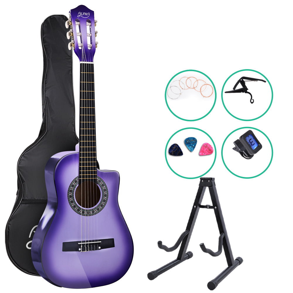 Classical Guitar Wooden Body Nylon String w/ Stand Beignner Purple - Alpha 88 Keys