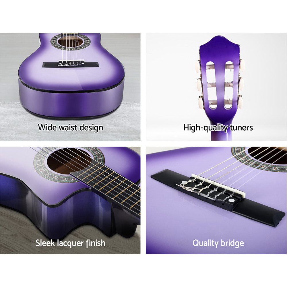 Classical Guitar Wooden Body Nylon String w/ Stand Beignner Purple - Alpha 88 Keys