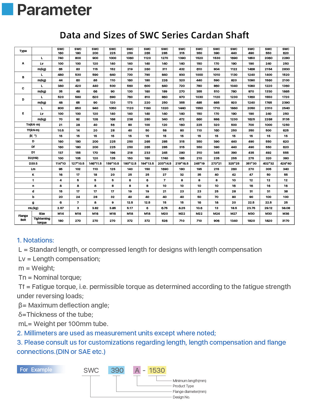 SWC SERIES CARDAN SHAFT MEASUREMENT CHART Cardanshaft