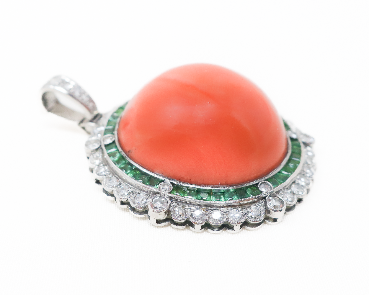 Midcentury Coral Pendant with Emerald & Diamond Halo