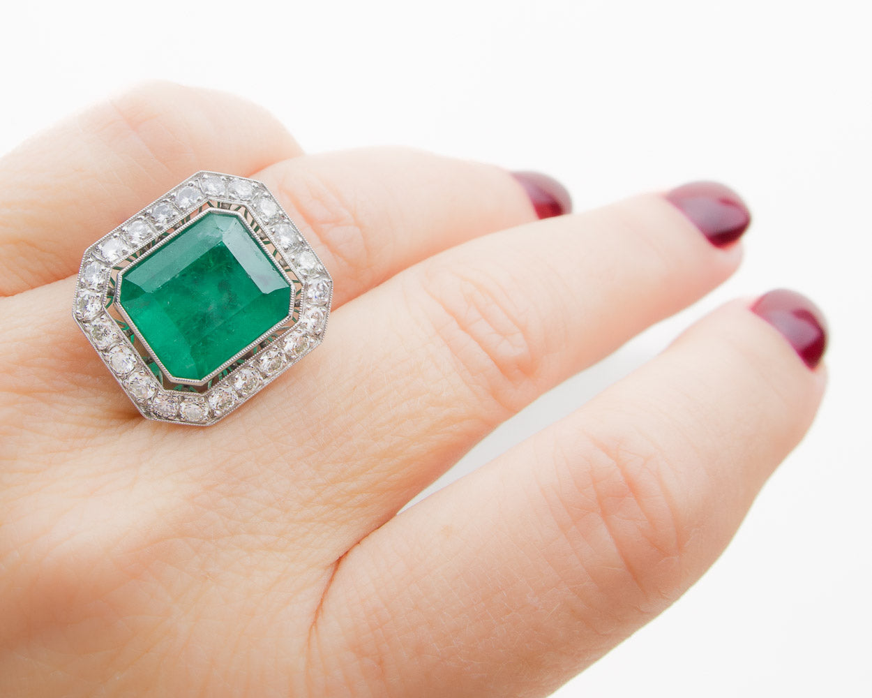 Midcentury Emerald Diamond Halo Ring