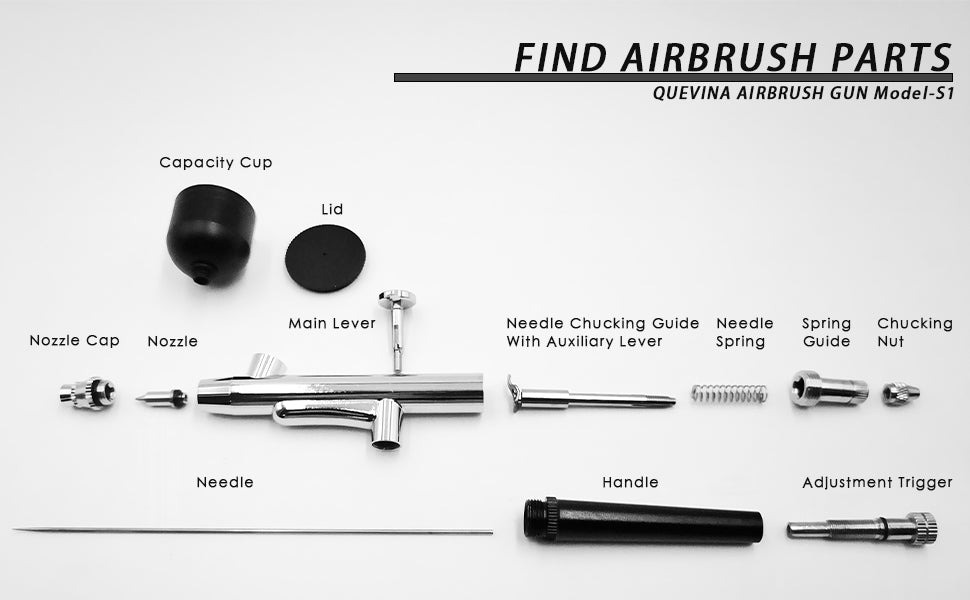 QUEVINA airbrush gun is suitable for professionals and beginners, and advanced artists since it works excellent for most airbrushing applications and also with most types of paint spray media. The needle/nozzle for spraying all mediums, inks, dyes, watercolors, acrylics, enamels, lacquers, glazes, latex, Automotive Urethanes, Lacquers, and Enamels.