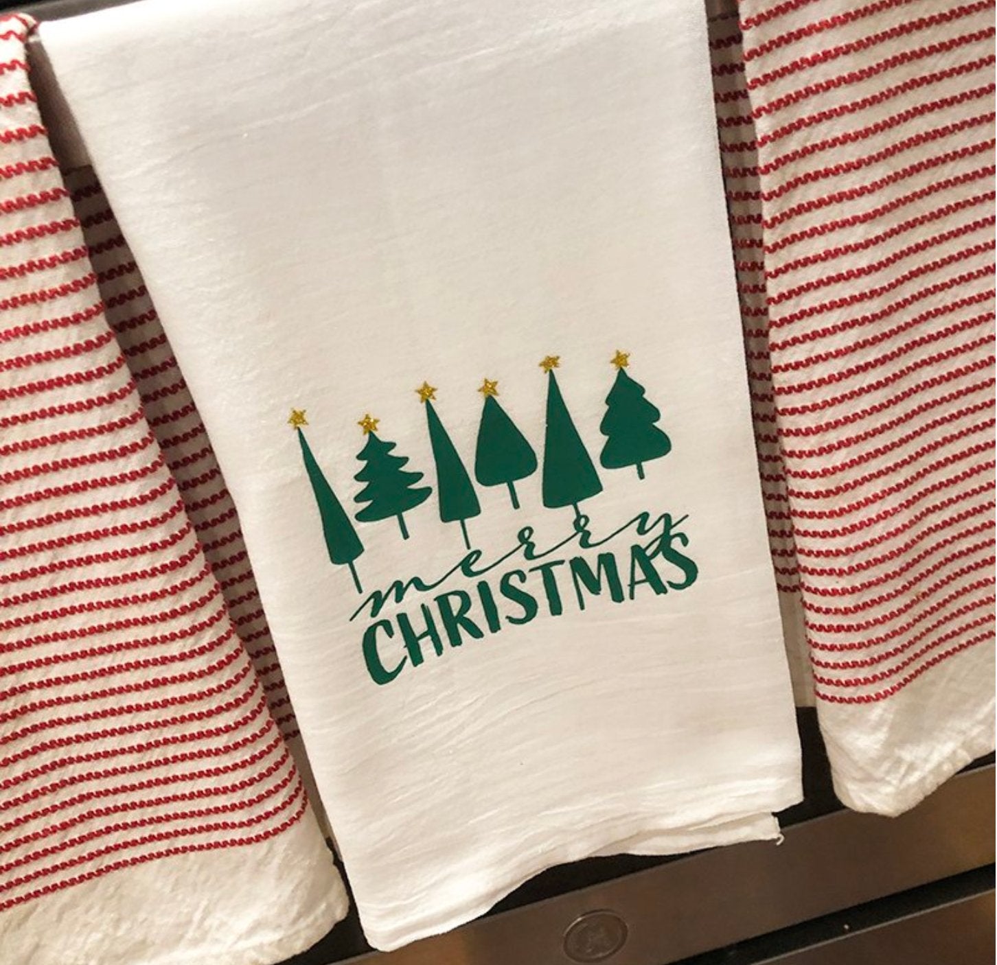 Merry Christmas Tree Tea Towel by Kim Bowen