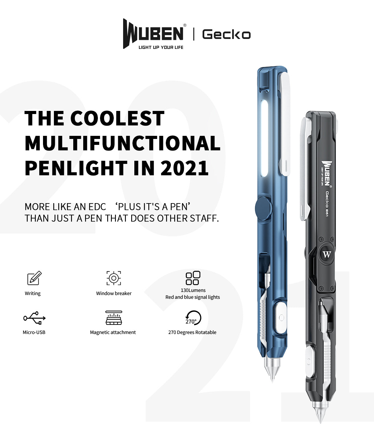 WUBEN Gecko E61 EDC Pen Rechargeable Multi-functional Cool Gadget Everyday Carry Penlight Flashlight 2021 Latest EDC Item