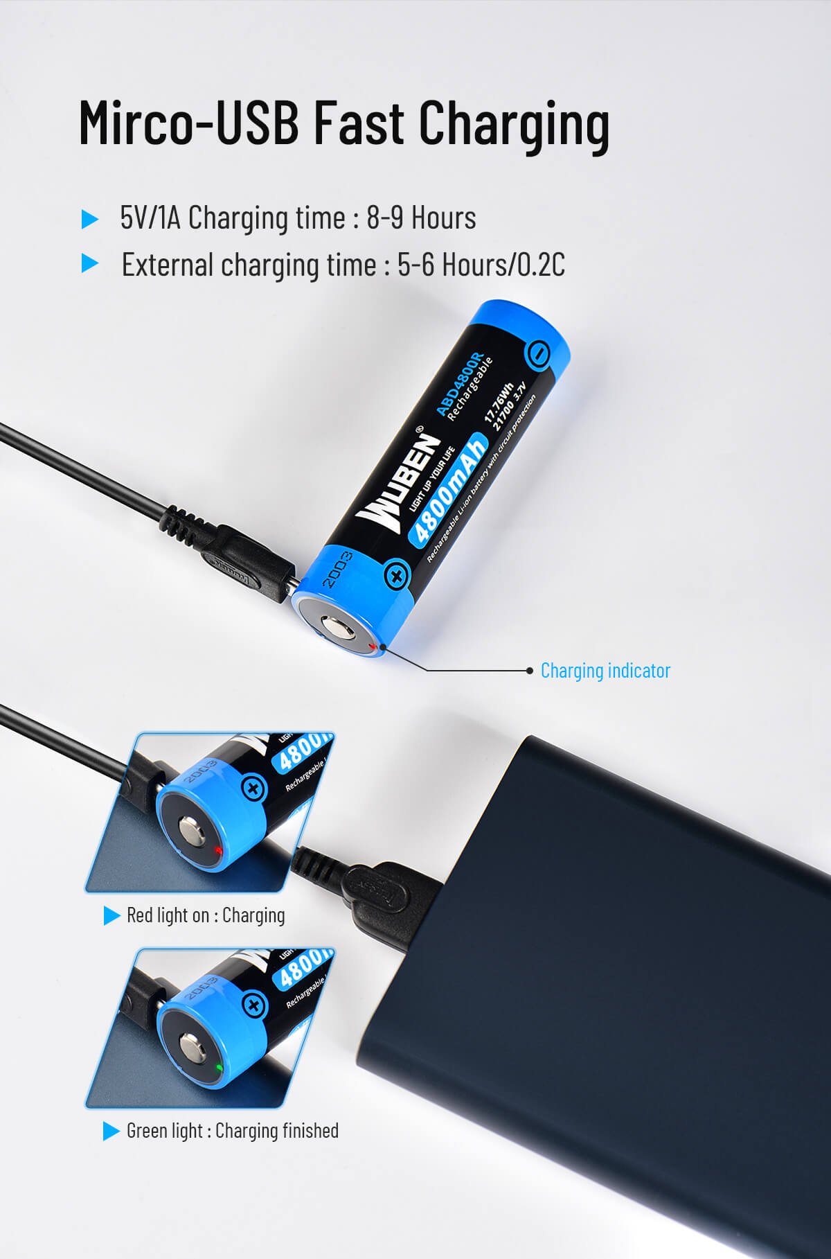 Wuben ABD4800R Best Micro-USB Charging Rechargeable 21700 Battery