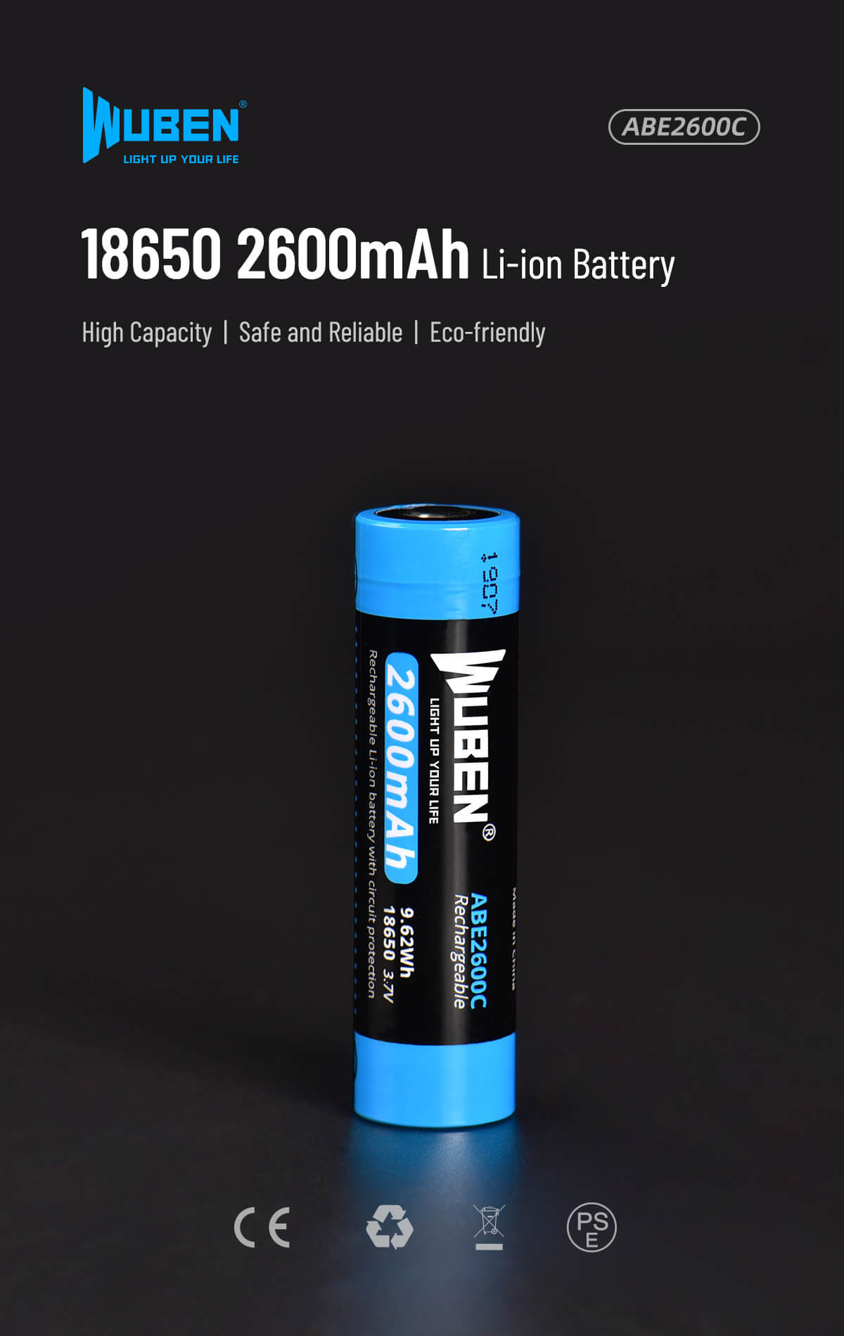 ABE2600C Rechargeable 18650 Flashlight Battery - 2600mAh