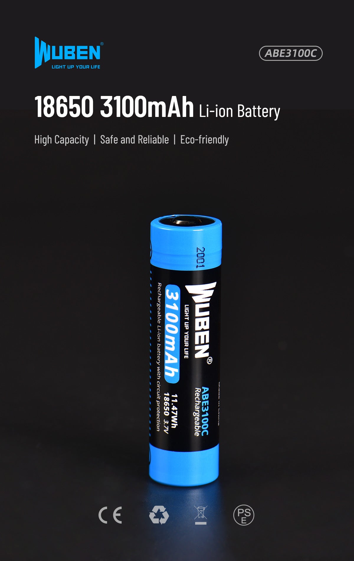 Wuben ABE3100C 18650 Battery for Flashlight - 3100mAh