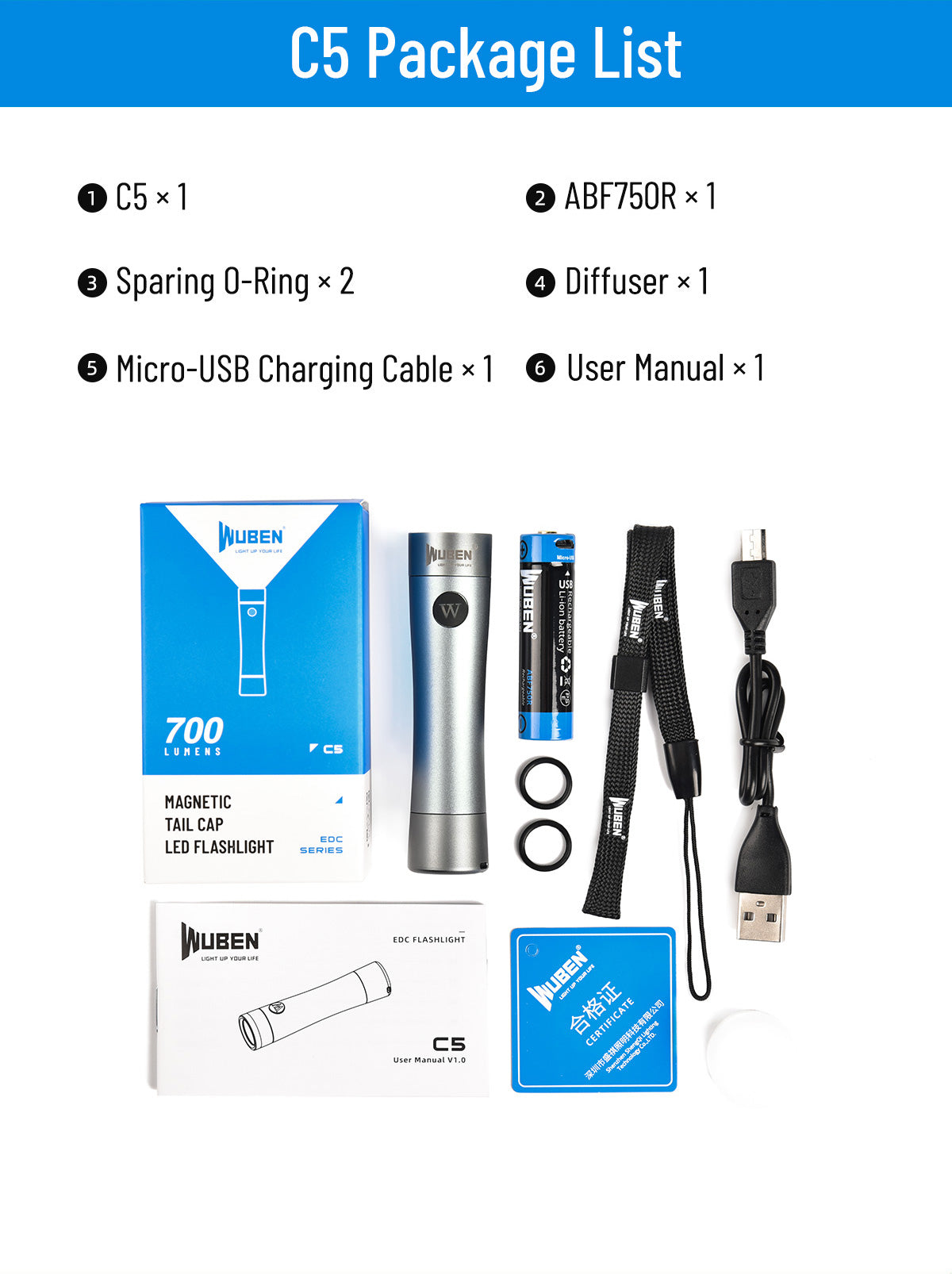 WUBEN C5 Small Flashlight 700 Lumens Rechargeable Waterproof Portable Mini EDC Fashion Torch