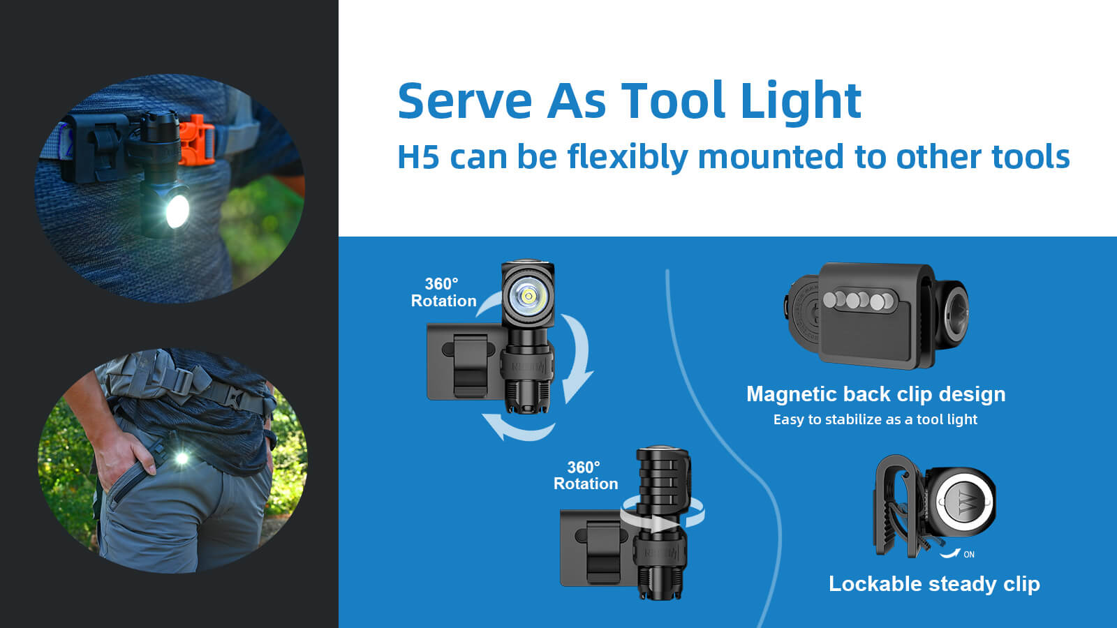 Serve As Tool Light H5 can be flexibly mounted to other tools