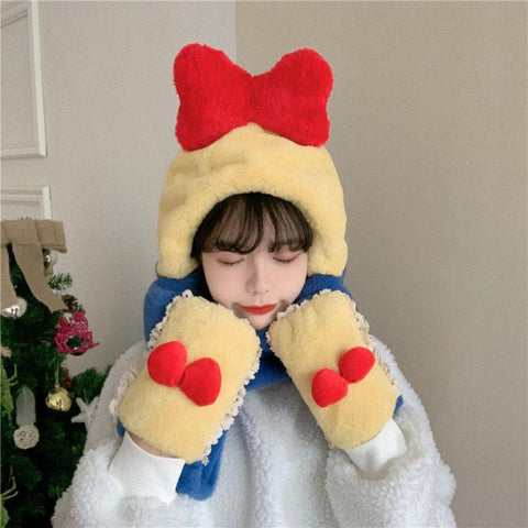 Women's Kawaii Contrast Color Bowknot Warm Hats With Gloves&Scarfs