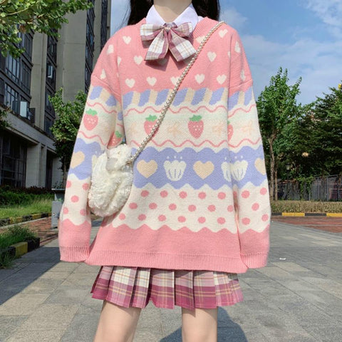Женские свитера в полоску с цветочным принтом Kawaii Strawberry Heart