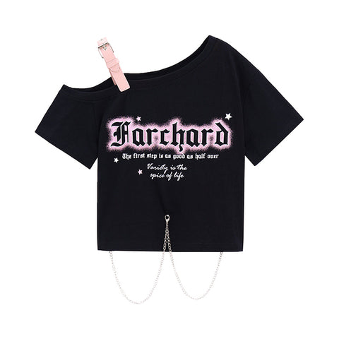 Women's Kawaii Slash Shoulder Letter Printed T-shirt with Chain