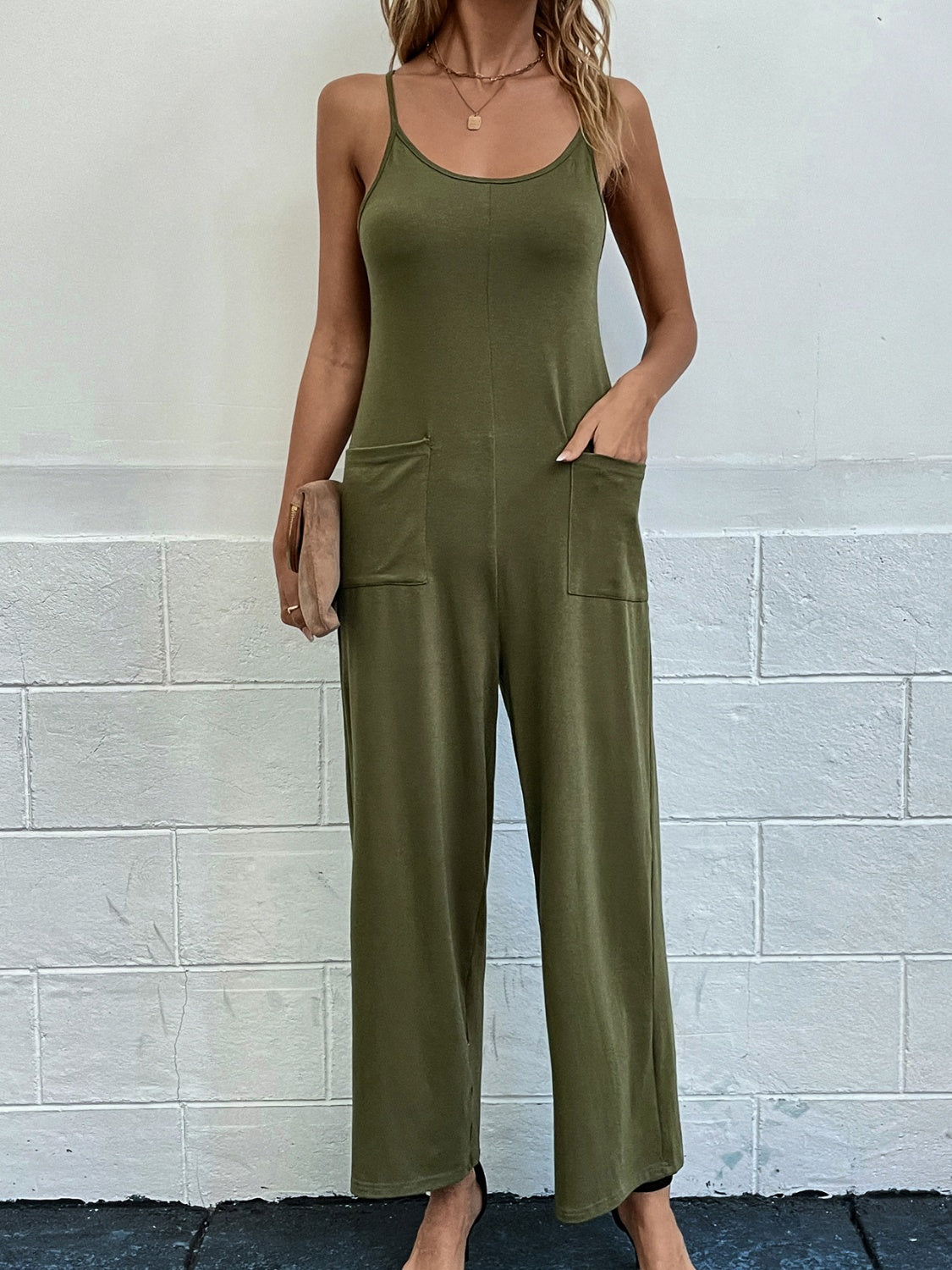 Pocketed Spaghetti Strap Wide Leg Jumpsuit