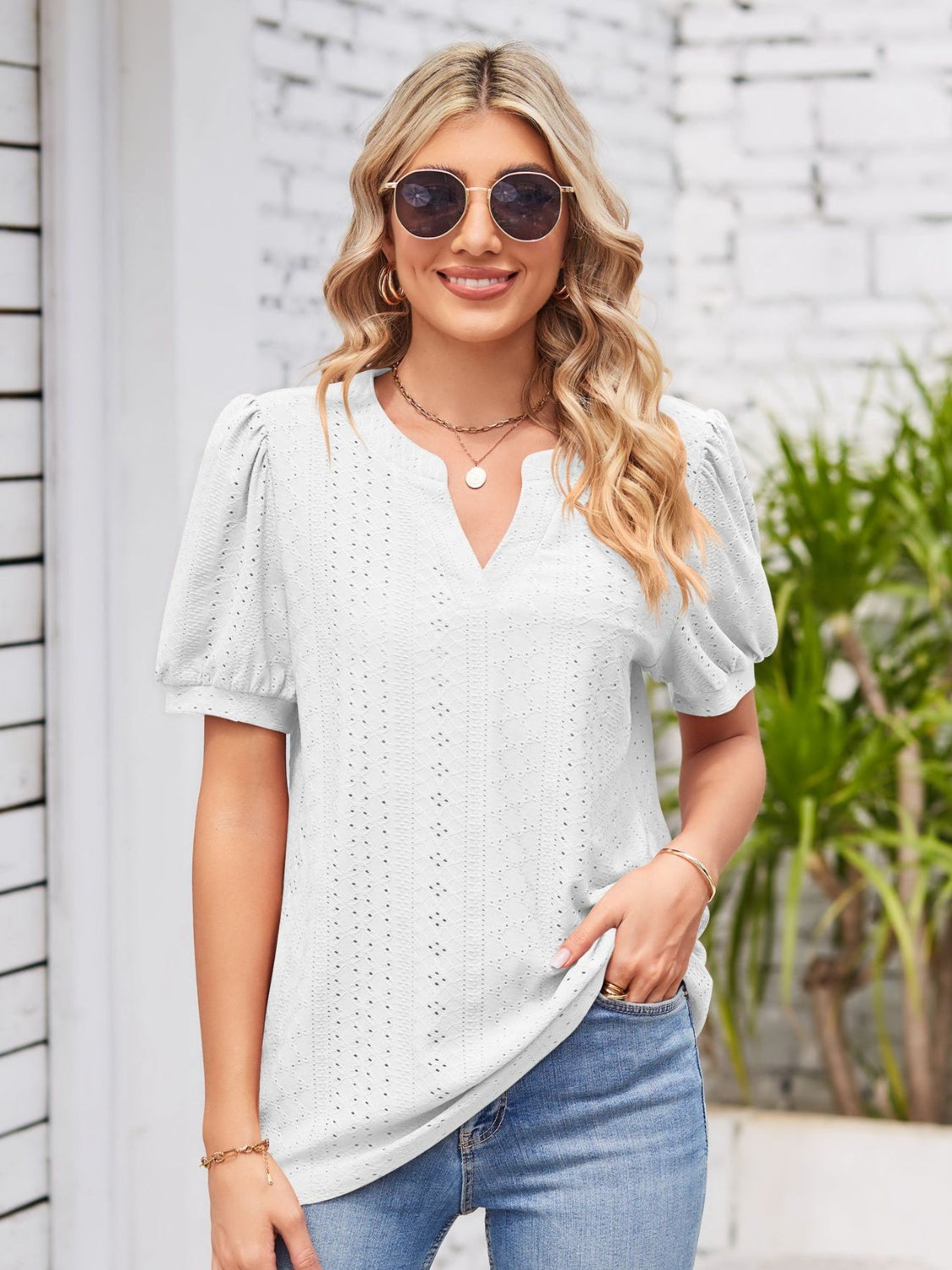 Eyelet Notched Short Sleeve Blouse