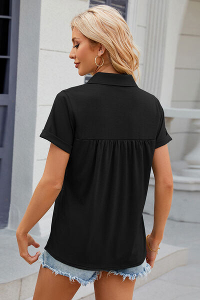 Ruched Johnny Collar Short Sleeve Blouse