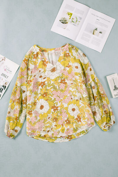 Floral Notched Balloon Sleeve Blouse