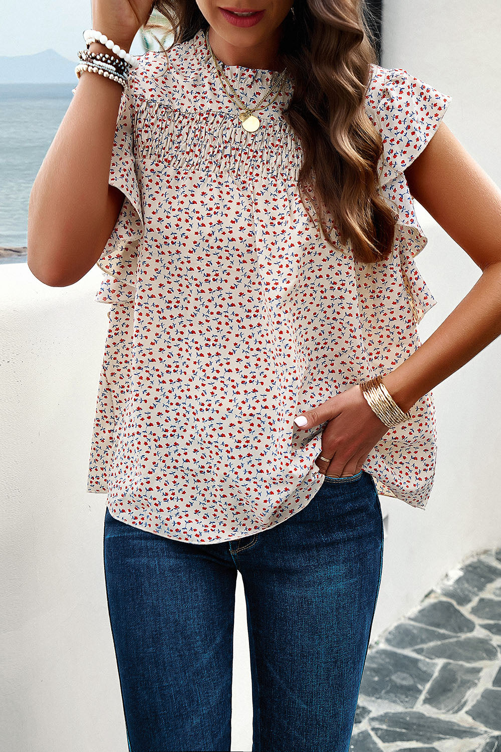 Smocked Printed Mock Neck Cap Sleeve Blouse