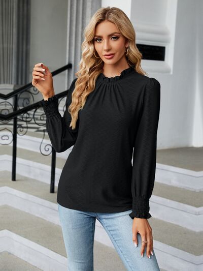 Frill Mock Neck Lantern Sleeve Blouse