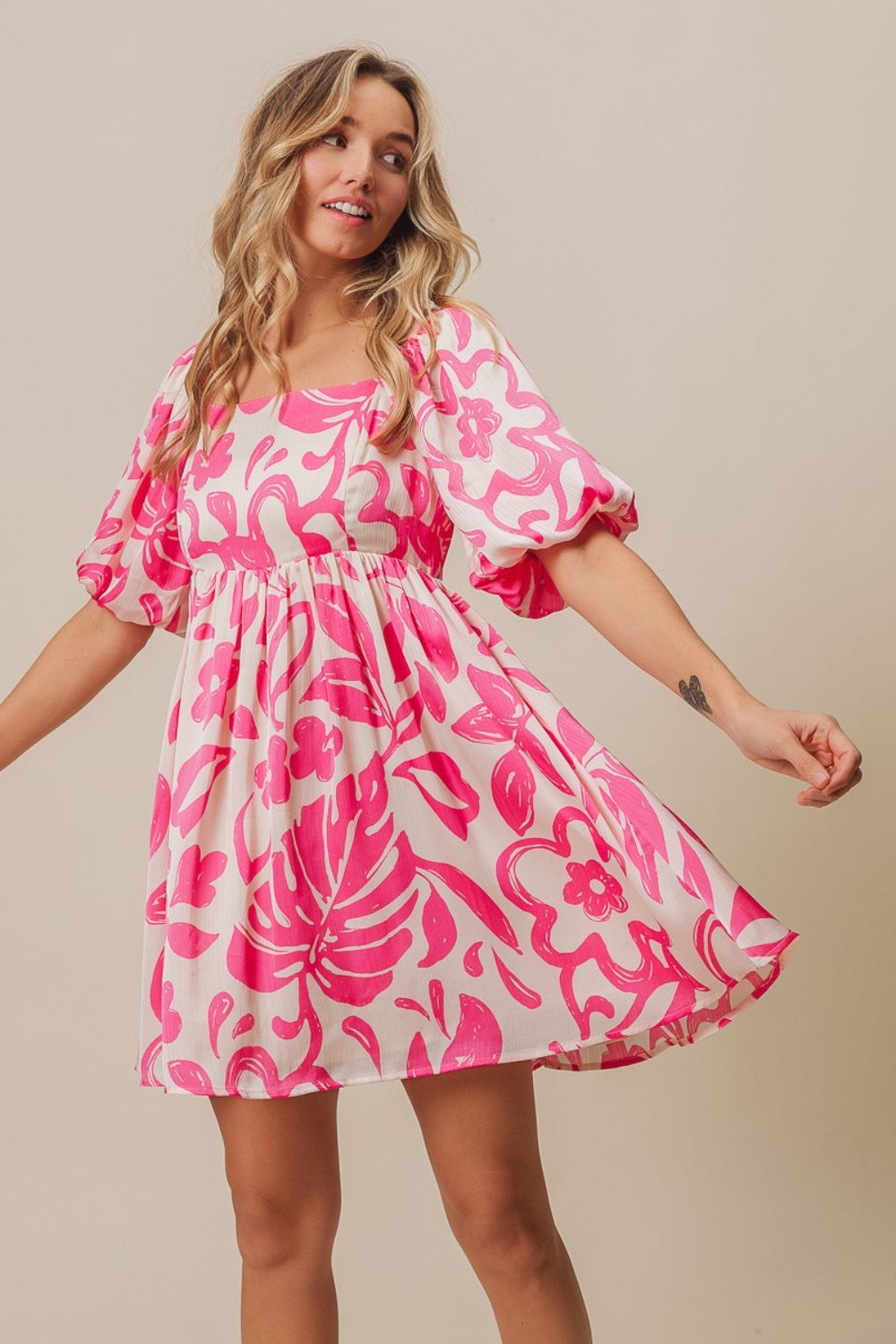 BiBi Tropical Floral Pattern Puff Sleeve Square Neck Dress