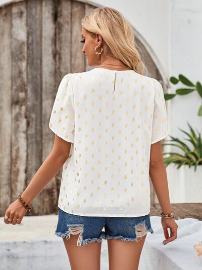 Printed Round Neck Petal Sleeve Blouse