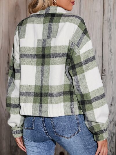 Plaid Zip Up Dropped Shoulder Jacket