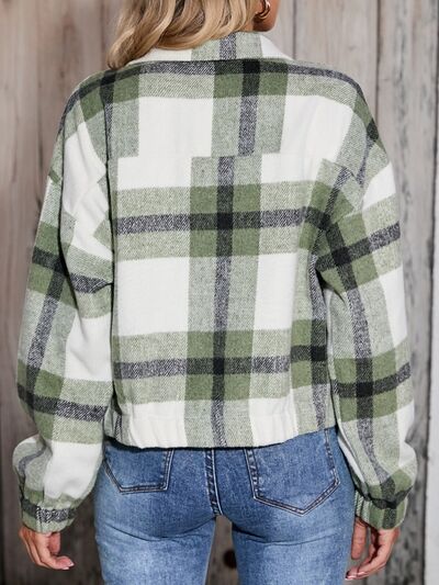 Plaid Zip Up Dropped Shoulder Jacket