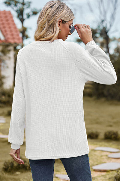 Eyelet Round Neck Long Sleeve T-Shirt