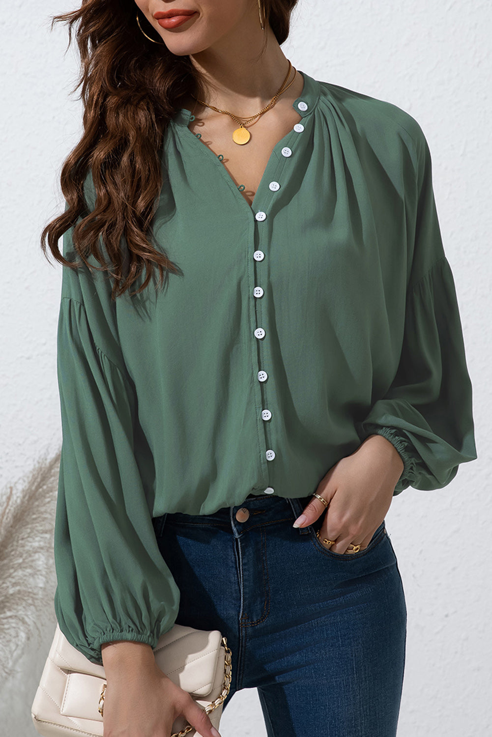 Button Up Balloon Sleeve Shirt