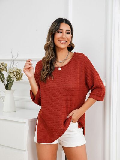 Rolled Round Neck Dropped Shoulder Slit Sweater