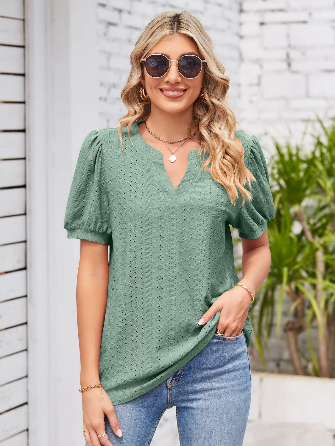 Eyelet Notched Short Sleeve Blouse