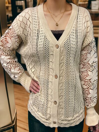 Eyelet Button Up Lantern Sleeve Cardigan