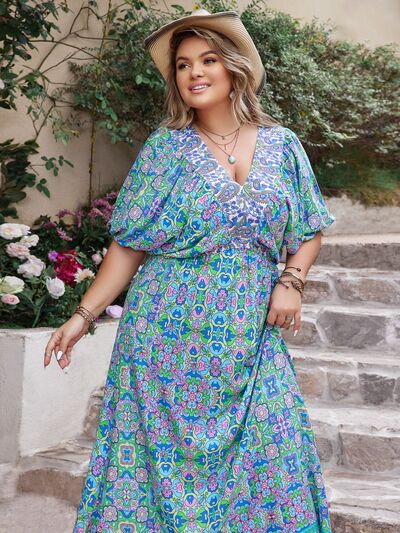 Plus Size Printed V-Neck Balloon Sleeve Dress