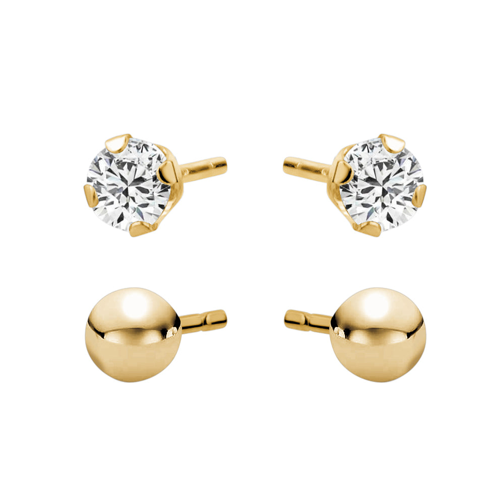 Yellow Gold Duo Cubic Zirconia & Gold Ball Stud