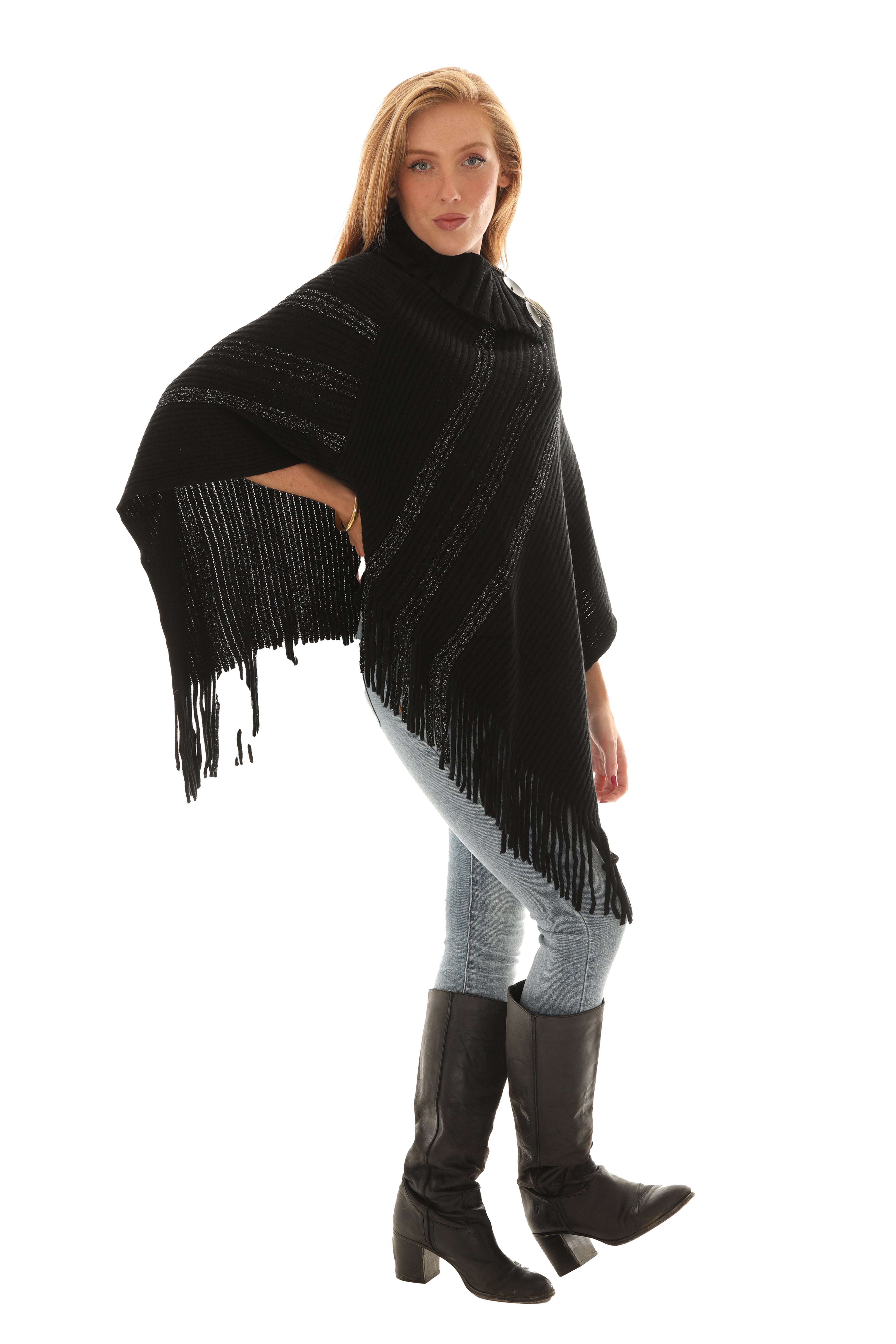 Buttoned Cowl Neck Fringe Poncho