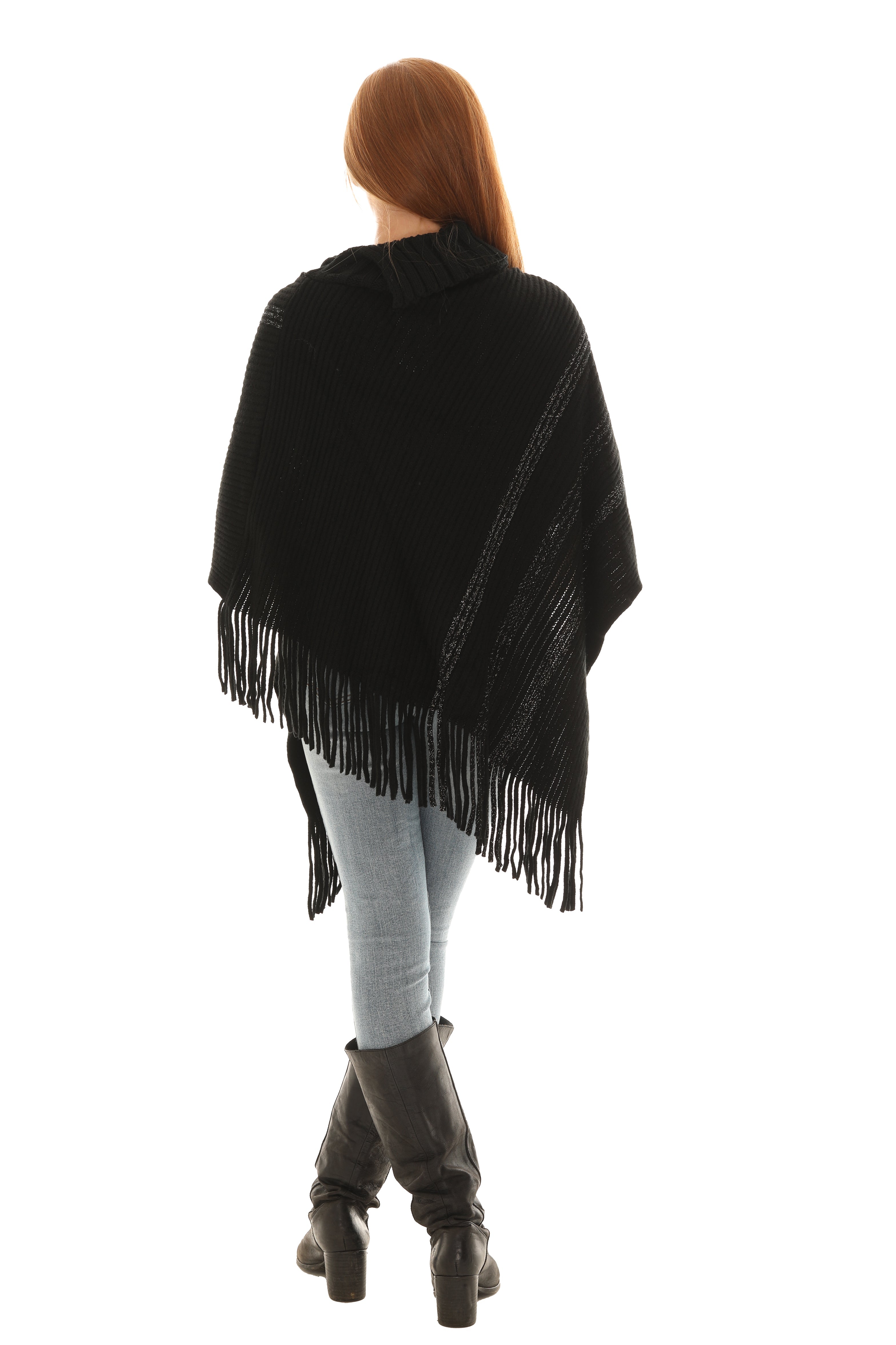 Buttoned Cowl Neck Fringe Poncho