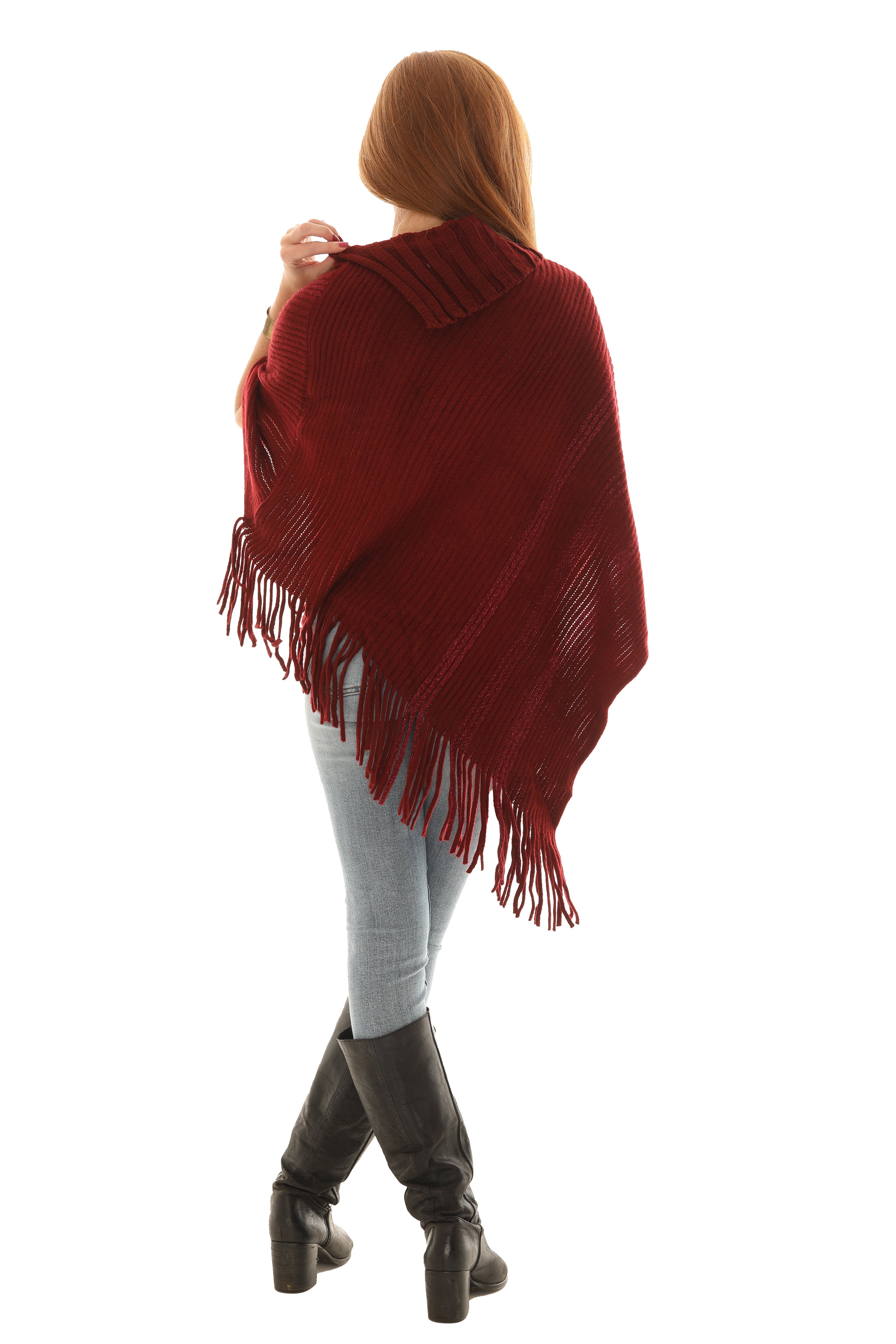 Buttoned Cowl Neck Fringe Poncho