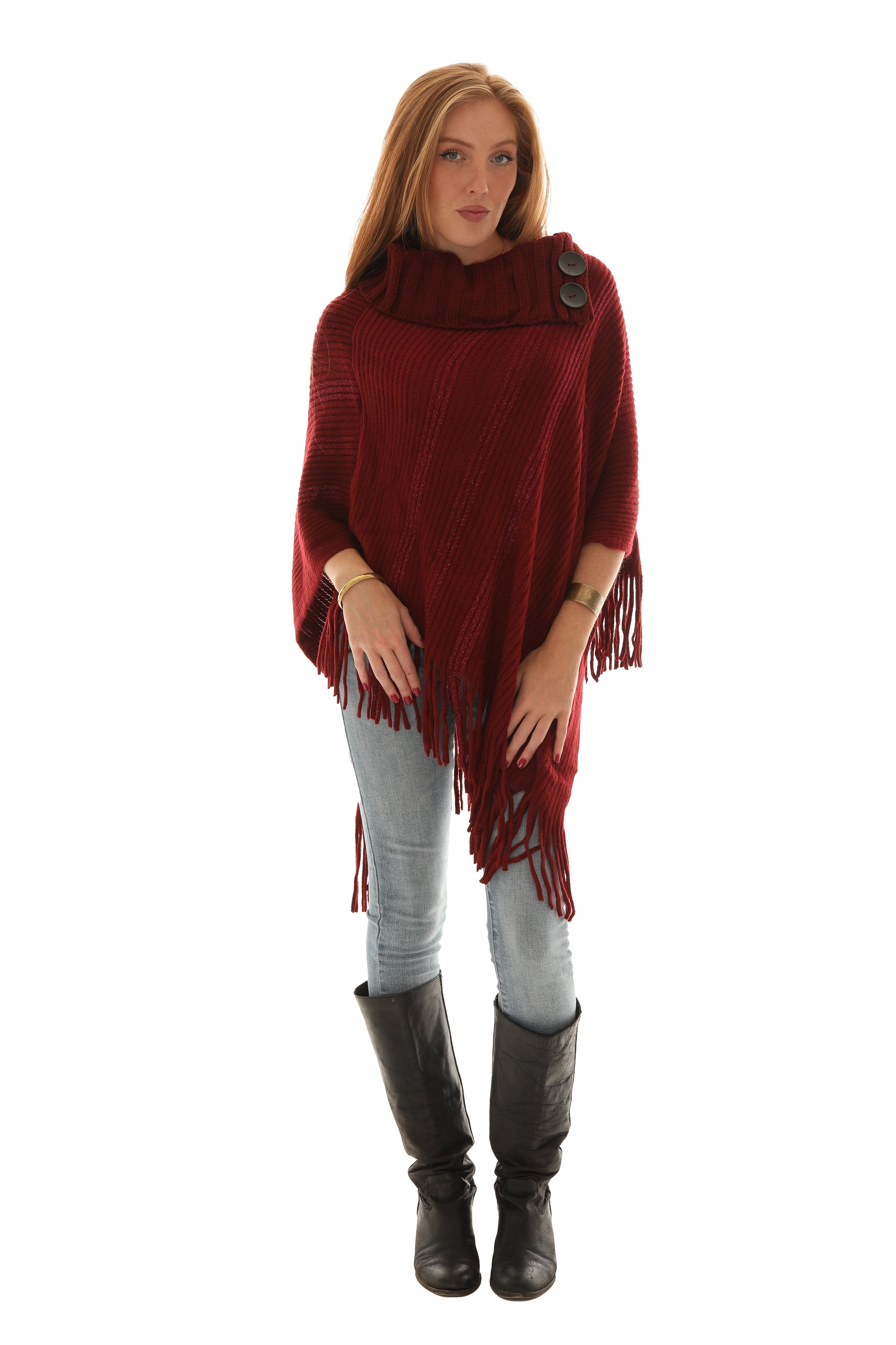 Buttoned Cowl Neck Fringe Poncho