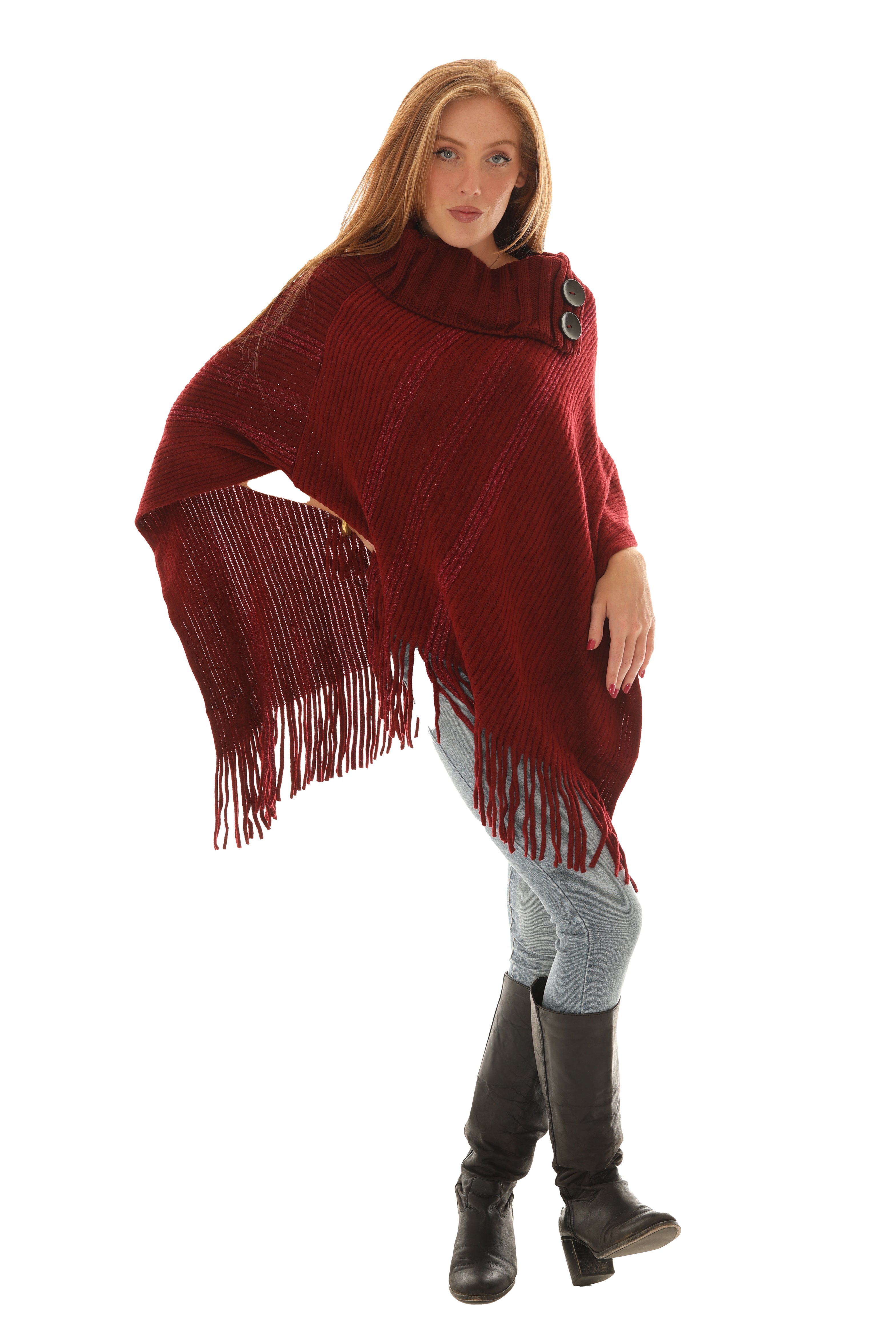 Buttoned Cowl Neck Fringe Poncho