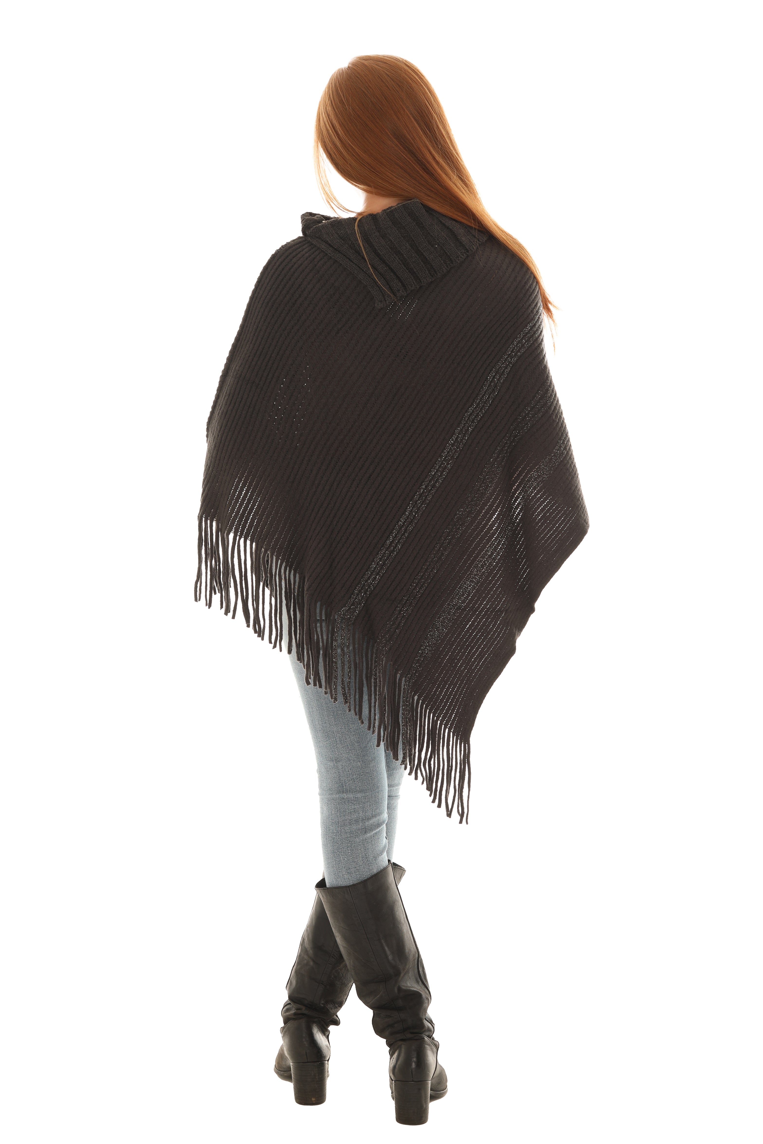 Buttoned Cowl Neck Fringe Poncho