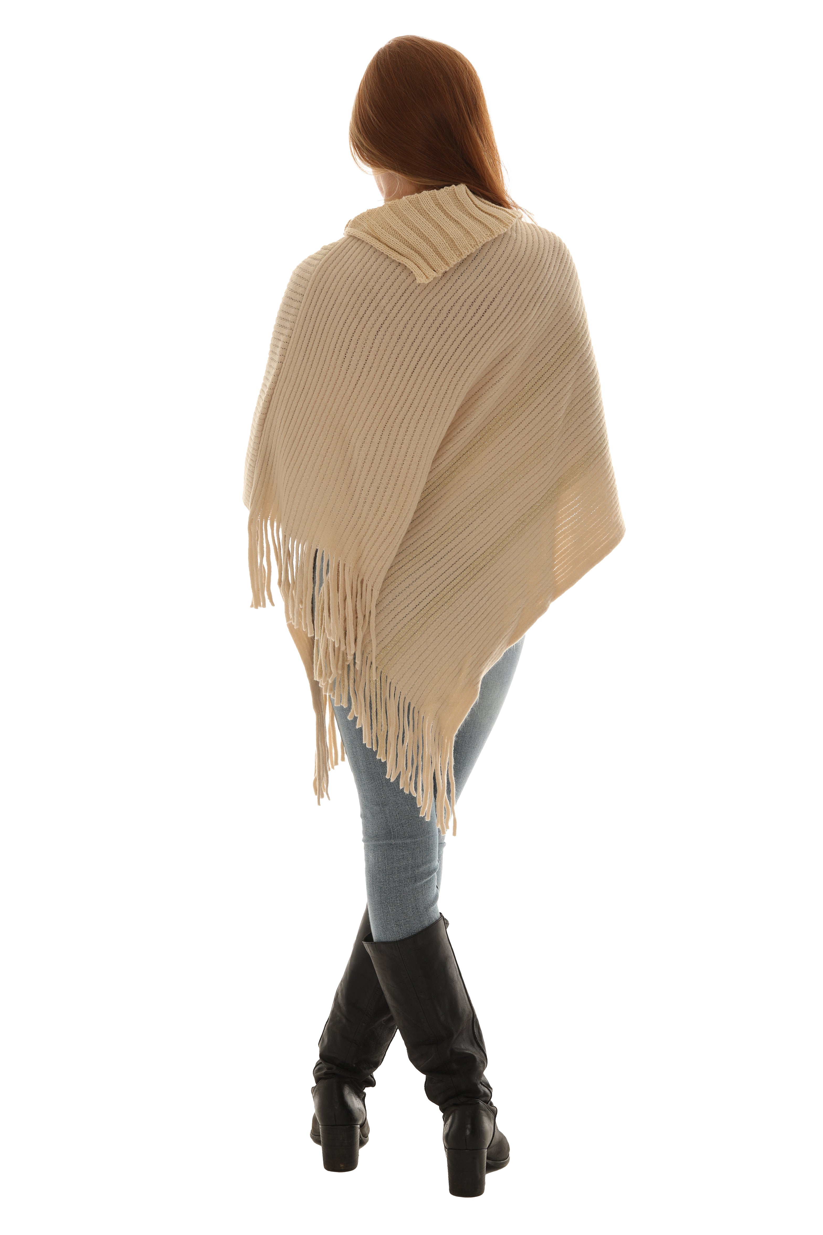 Buttoned Cowl Neck Fringe Poncho