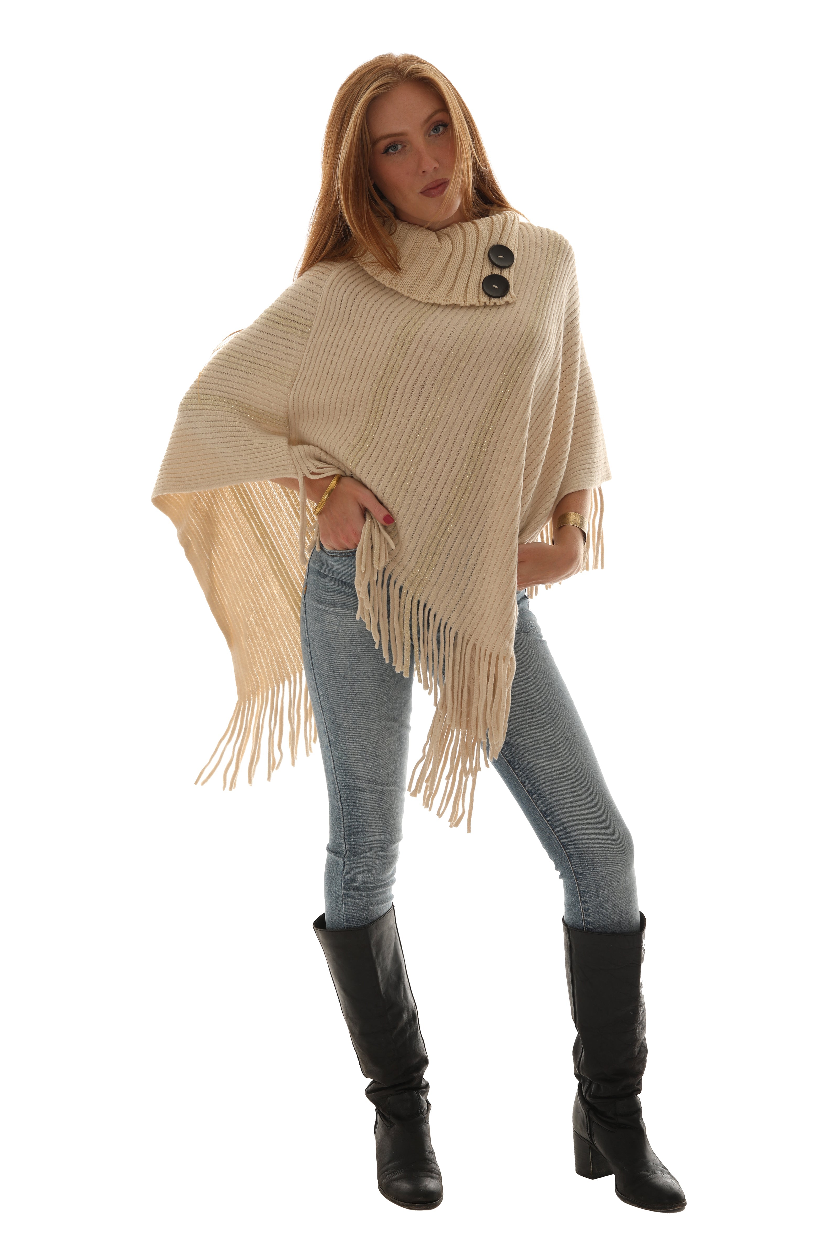 Buttoned Cowl Neck Fringe Poncho