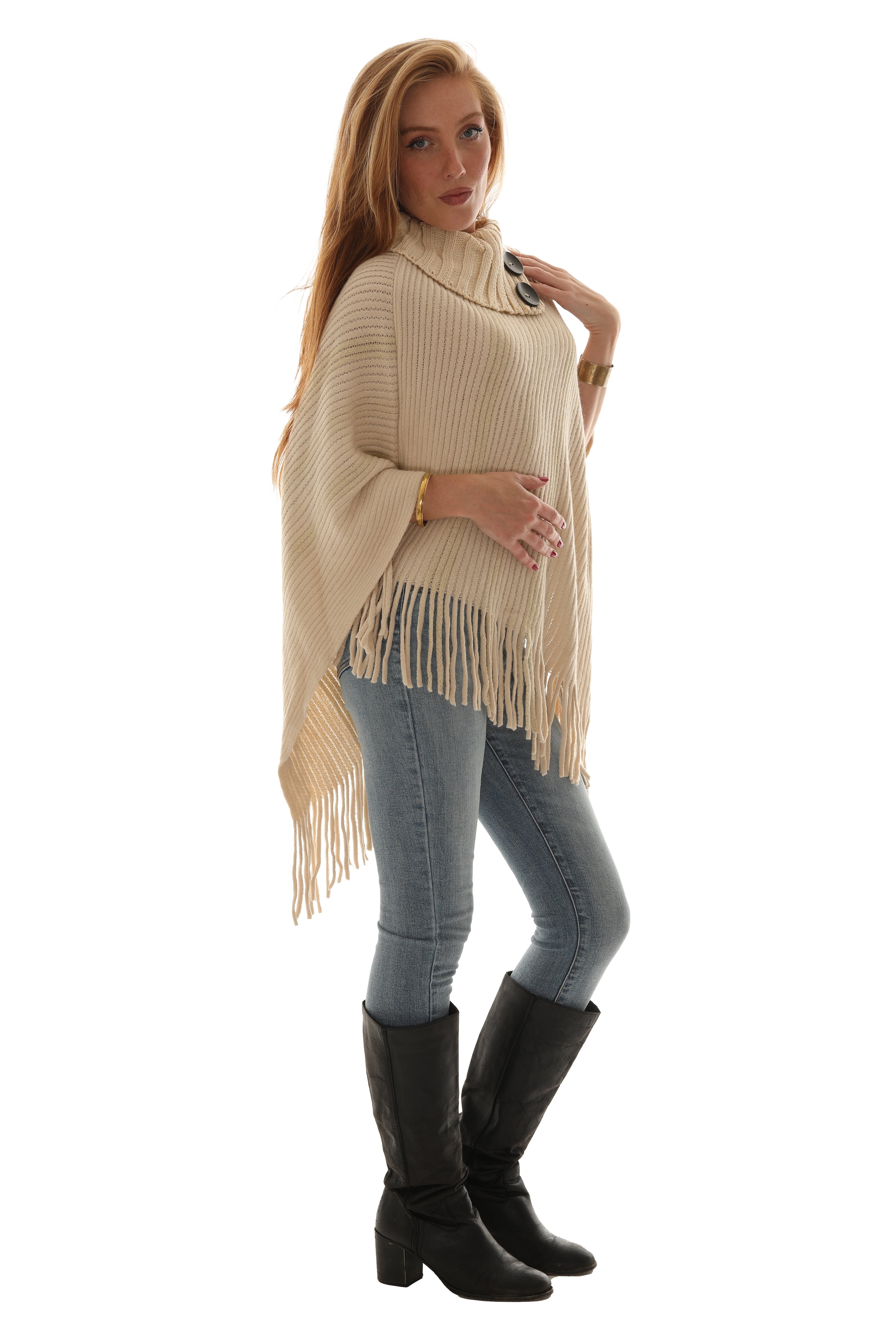 Buttoned Cowl Neck Fringe Poncho